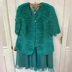 Karen Miller New York Jacket Satin Chiffon Skirt Green Button Lined Size 14W